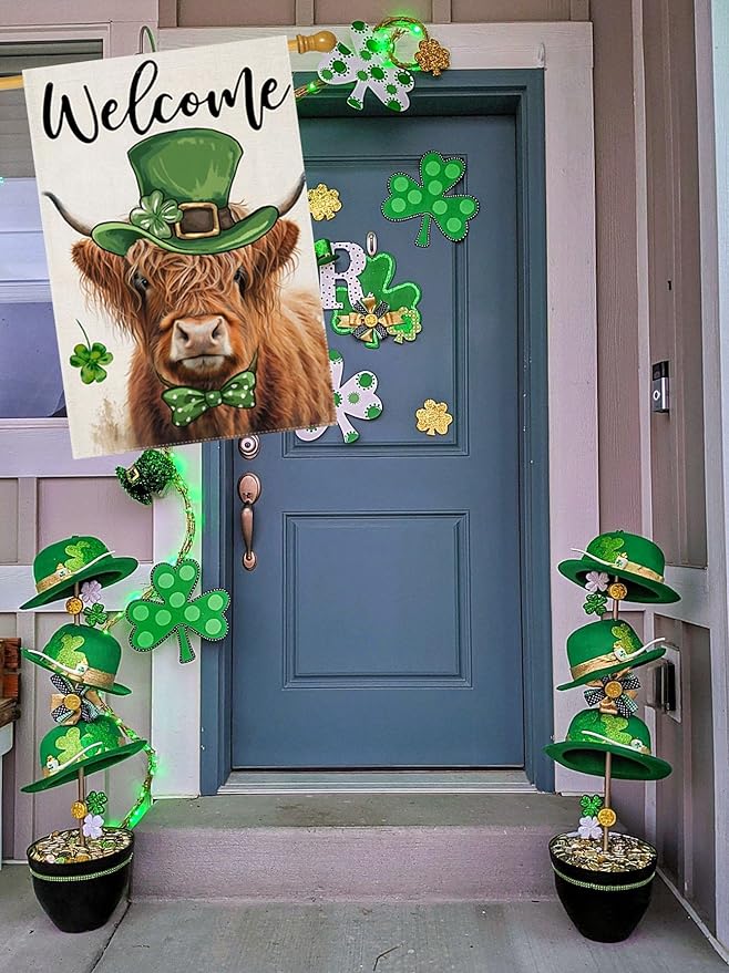 Welcome St Patricks Day House Flags for Outdoor Decoration, Highland Cow with Green Hat Lucky Shamrocks Large Yard Flag, Decorative Irish Celebration Decor for Seasonal Farmhouse Holiday