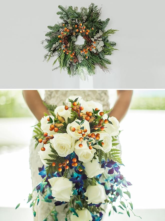 Forlaoers Real Looking 4Pcs 21.6 Inch Orange Artificial Flowers Faux Berries Stems Artificial Berry with Branches for Party Christmas Decorations Bedroom Desk Table Vase Fillers Home Decor
