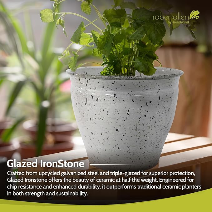 Headwind Riverside Collection – 14" Dalmation Glazed Decorative Plant Pots Indoor with Drainage & Outdoor - Modern Flower Pot Weather-Resistant Lightweight Planter by Robert Allen