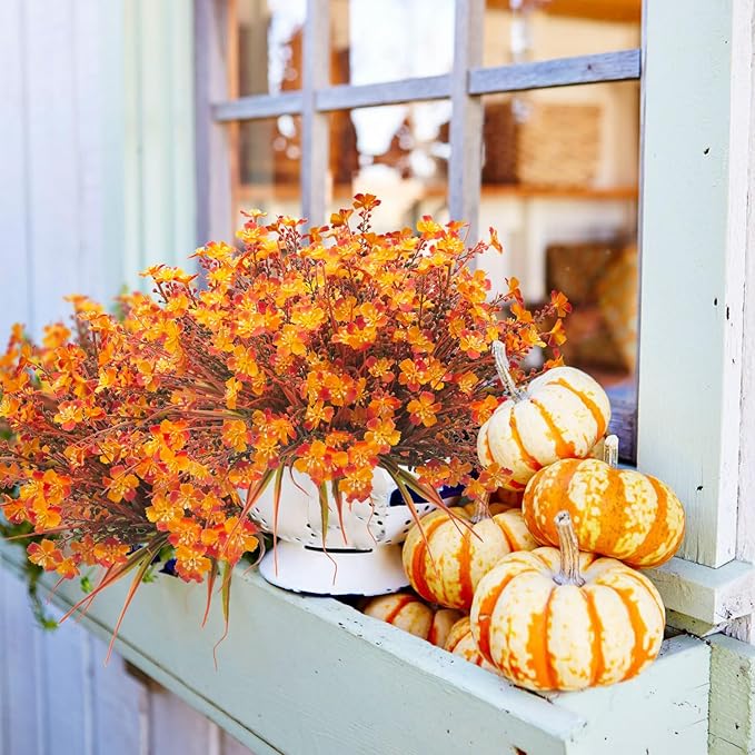 Grunyia 12 Bundles Artificial Fall Flowers for Outdoors Fake Plants UV Resistant Plastic Plants Shrubs Bushes for Home Fall Front Door Porch Garden Autumn Decor (Fall Red)
