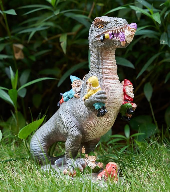 Dinosaur Garden Gnome Statue 12”, Yard Decorations Outdoor Garden Decor, Patio, Lawn Ornament, Gardening Gifts for Women for Housewarming