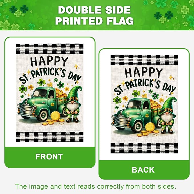 Happy St Patricks Day House Flag 28x40 Inch Double Sided Shamrocks Gnome Truck Buffalo Plaid Outside Large Holiday Flag for Yard Outdoor Decoration