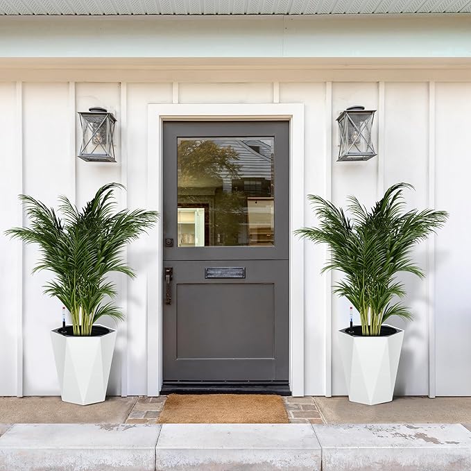 GarveeLife 16 in Tall Diamond Planters Set of 2, Self Watering Planters with Water Level Monitor, Flower Pots Outdoor and Indoor for Patio, Porch, Living Room, Home Office, White