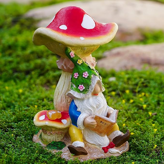 Upgraded Size Solar Garden Outdoor Statues Gnome Reading Under Mushroom with 5 LED Lawn Decor Outside Decorations for Patio, Balcony, Yard Ornament Unique Garden Gift