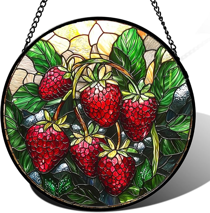 AMDERVEN Stained Glass Suncatcher, Red Strawberry Green Leaf Sun Catcher Silver Background Stain Glass Window Hanging Decoration Mother's Day Birthday Gifts for Women Men Mom Nana 6.3 in