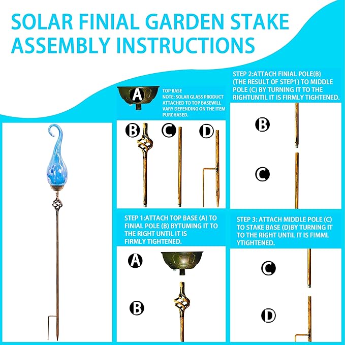 Naboher Garden Solar Lights Outdoor, Decorative LED Pearlized Glass Spiral Garden Stake with Finial, Hand Blown Glass and Metal Outdoor Decoration, 3 x 36 Inch (Light Blue)