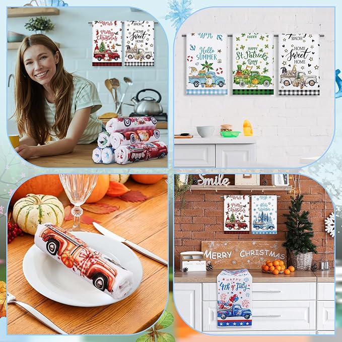 FuWeave 12 Pcs Seasonal Kitchen Towels Set for All Holidays Hand Dish Tea Towels Gift Bulk Valentine's Day Absorbent Dishcloths Housewarming Gift for Cooking Kitchen Bathroom(Truck Style)