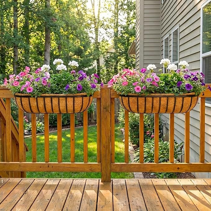 30 Inch Railing Planter Boxes 2 Pack Metal Window Box Planters with Coco Coir Liners, Horse Trough Planter with Adjustable Brackets for Deck Balcony Fence Porch Patio Outdoor Garden