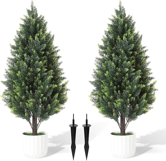 Gladeup 3FT Artificial Cedar Topiary Trees Set of 2 Detachable Planter & Spike,UV Resistant Faux Plants Outdoor and Indoor,Realistic Fake Bushes Pine Tree for Front Porch Decor(Cedar Green)