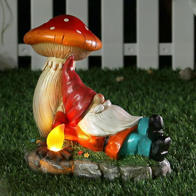 Garden Gnomes Statues with Solar LED Light, Solar Powered Gnome Sculptures for Patio Yard Lawn Balcony Decor Mother's Day Birthday Gifts for Women Mom 8.5 Inch