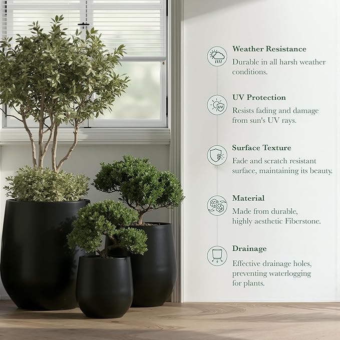 DTY Signature Mount Wilson Modern Indoor Outdoor Fiberstone Tapered Planter, Lightweight, Weather Resistant Garden Pot with Drainage Hole & Rubber Plug, Planter for Christmas Decor - Black, Medium
