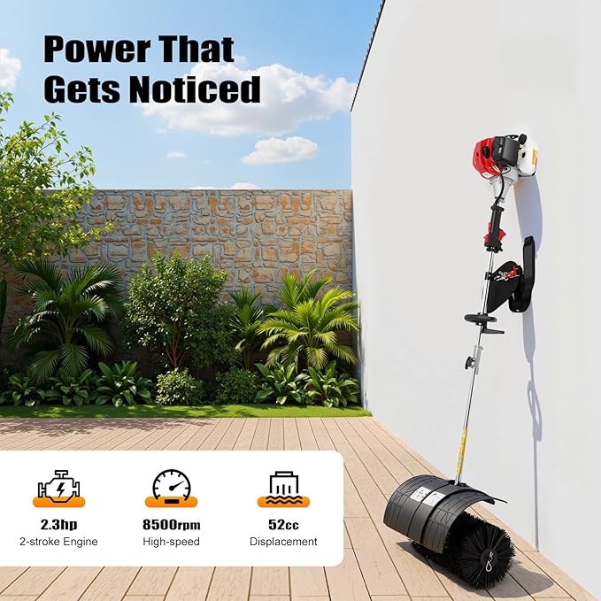 52cc Handheld Lawns Sweeper, 2-Stroke Air Cooled Fuel Engine Gas Power Sweeping Broom Machine, Power Snow Sweeping Cleaner for Cleaning Driveway Turf Lawns Artificial Grass