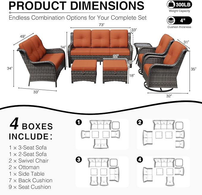 Joyside 7 Piece Wicker Patio Furniture Set, Outdoor Swivel Rocker Patio Chairs with High Back, Deep Seating, Wide Armrest, Thickened Cushions, Outdoor Furniture for Deck, Porch Use