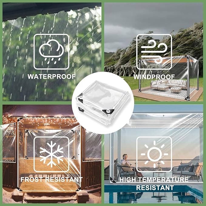 6x10ft Clear Tarp with Grommets Cover,Clear Tarpaulin Tear Waterproof Heavy Duty with Resistant PVC Vinyl Tarps,20mil Reinforced Edges Outdoor Waterproof Tarps,Greenhouse, Patio and Porch