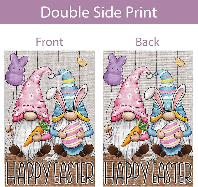 Easter Garden Flag 12×18 Double Sided, Vertical Burlap Gnomes Happy Easter Flags Outside Holiday Yard Decoration