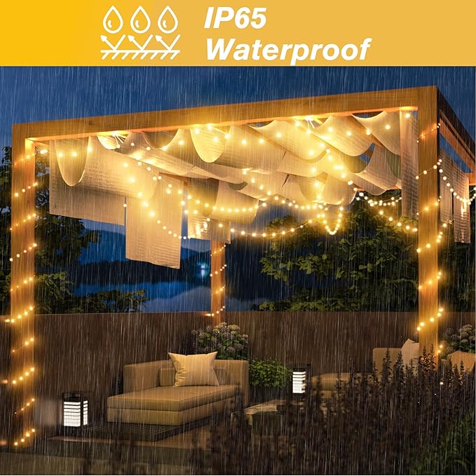 Rechargeable Fairy Lights Plug in, 33Ft 100 LEDs Waterproof Camping String Lights, with Remote and Adaptor,Starry String Lights for Wedding Indoor Outdoor Christmas Patio Garden Decoration,Warm White