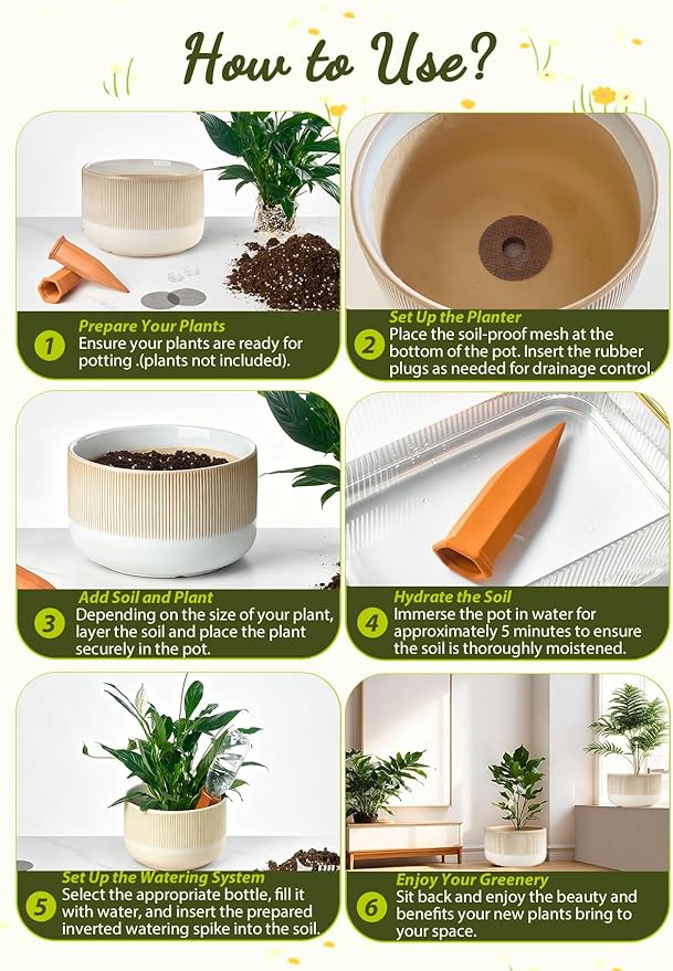 Ceramic Planters - 10+12 Inch Large Pots for Indoor & Outdoor Plants, Modern Flower Pots with Drainage Holes and Self Watering Devices, House Beige Big Plant Pot, Set of 2