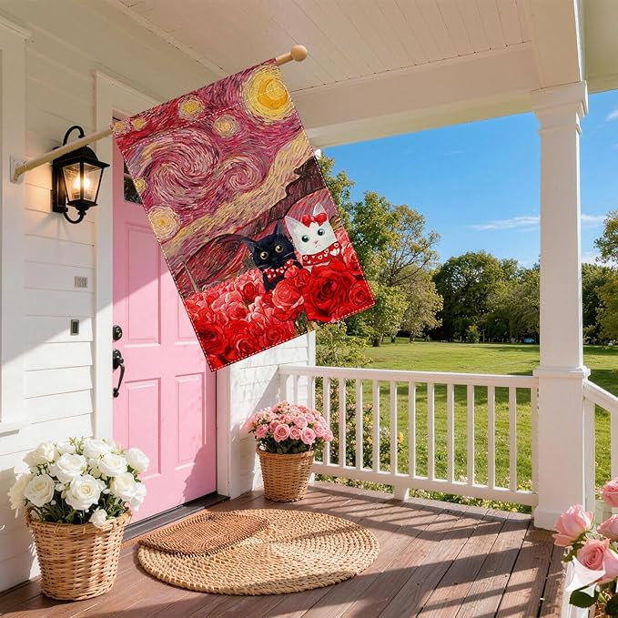 Valentine’s Day Starry Sky Inspired Couple Cats Romantic Rose House Flag large 28X40 Inch Big Vertical Double Sided Yard Outdoor Outside Holiday Decoration