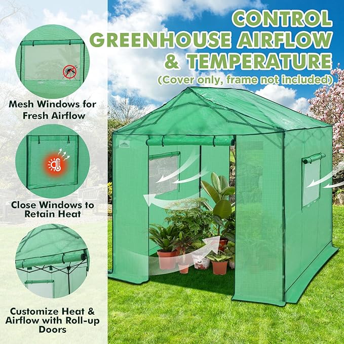 EAGLE PEAK Replacement Cover for 8x8 Gable Roof Pop up Greenhouse, Front and Rear Roll-Up Zipper Entry Doors and 2 Large Roll-Up Side Windows (Frame Not Included), Green