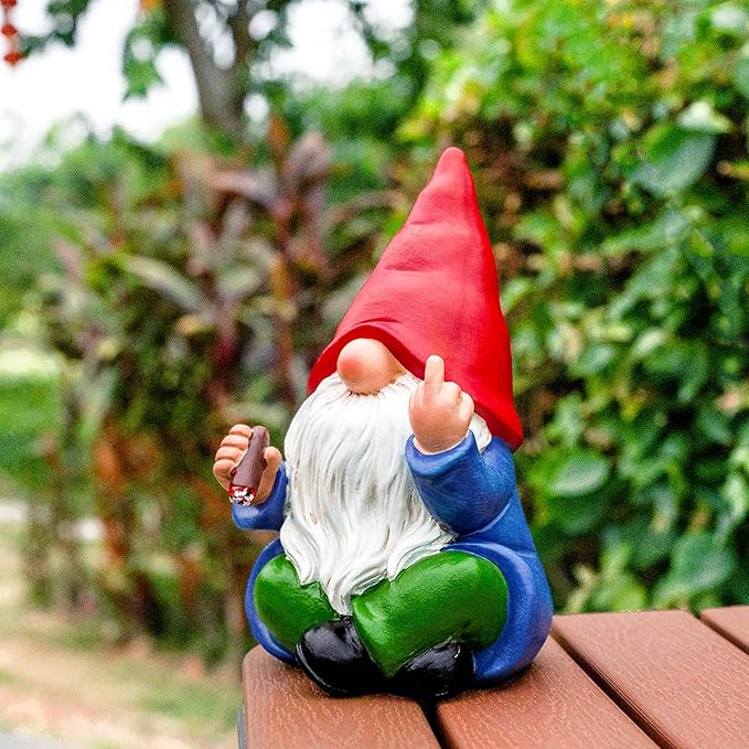 Middle Finger Gnome Statue 6.3in, Naughty Garden Gnomes Yard Lawn Decoration Funny Smoking Gnome Statue Indoor Outdoor Home Decor - Birthday Christmas Gag Gift