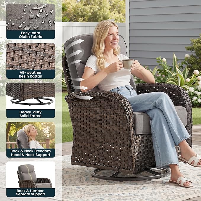 Luxury 6-Inch Cushion Patio Furniture Set with 41" Fire Pit Table, High Back Swivel Rocker Patio Chairs with Outdoor Couch, Outdoor Wicker Conversation for Deck Porch Garden Balcony Poolside