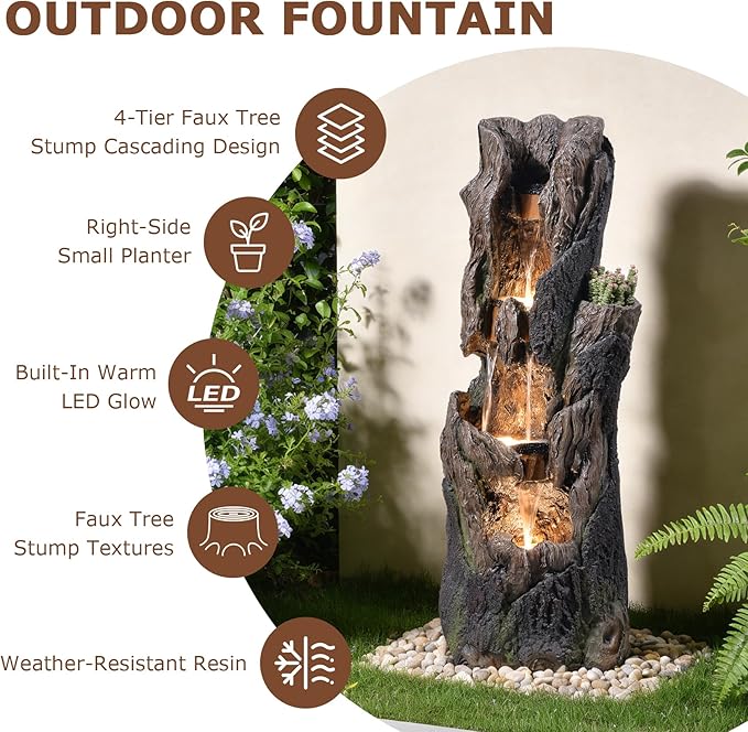 43.7''H Water Fountain Outdoor, 4 Tiered Large Tree Trunk Outdoor Freestanding Cascading Waterfall with LED Lights, Floor-Standing Water Feature for Garden, Yard, Patio, Porch, Home Art Decor