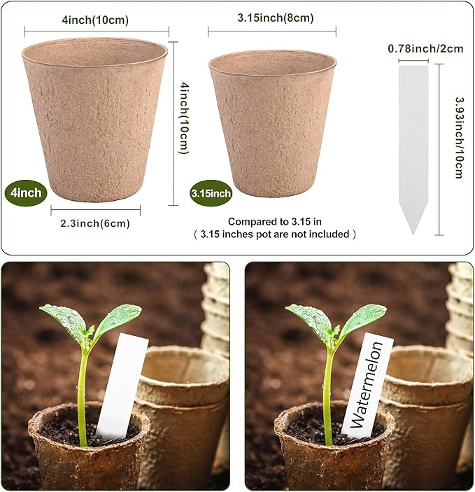 ARGCONNER 4 Inch Peat Pots, 50PCS Biodegradable Plant Starting Pots Round Nursery Pot, Garden Germination Nursery Pot Bonus 20 Plant Labels (4 Inch, 50P)