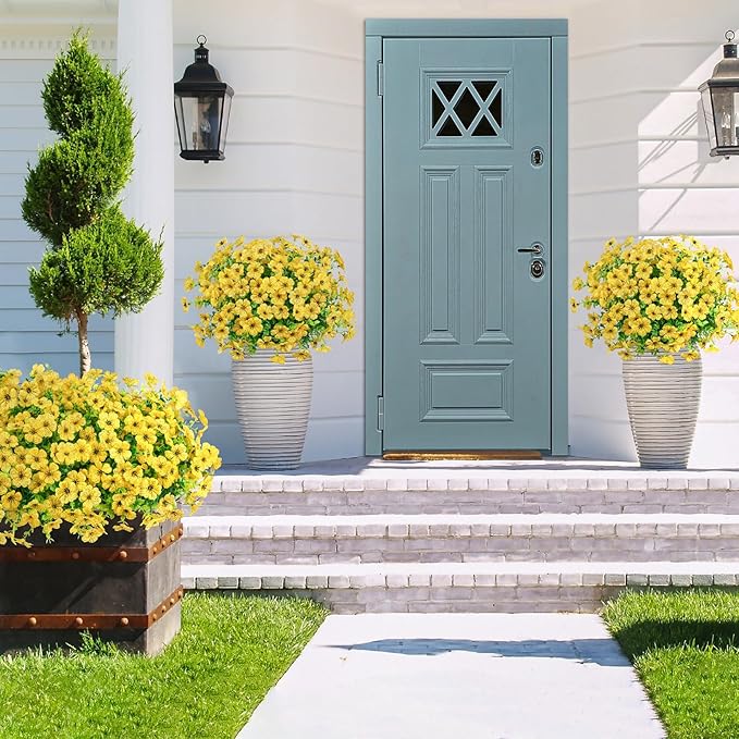 Besteek 20 Bundles Artificial Flowers for Outdoors Decoration Fake Silk Flowers UV Resistant Faux Plants Artificial Daisy Eucalyptus for Spring Summer Garden Yard Porch Window Home Decor, Yellow