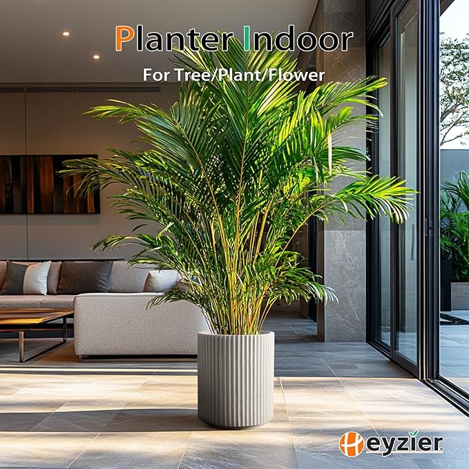 Heyzier Round Concrete Planter Outdoor Indoor, Large Cement Plant Pots for Flowers (Vertical Gray, 16 inch)