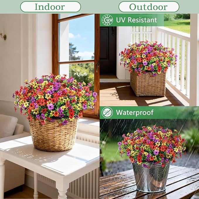 Homsunny Artificial Flowers for Outdoors 12 Bundles Fake Plants Spring Home Decoration, Realistic Faux Flower Silk Daisy with Eucalyptus Stem UV Resistant Patio Planter Porch Yard Window (4 Colors)