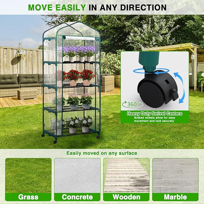 Yesker Mini Greenhouse 27"x20"x63" Portable Indoor /Outdoor Small Green House with 4 Tier 4 Shelves Wheels Transparent PVC Cover Compact Greenhouse Kit for Winter Gardening Balcony Patio Backyard
