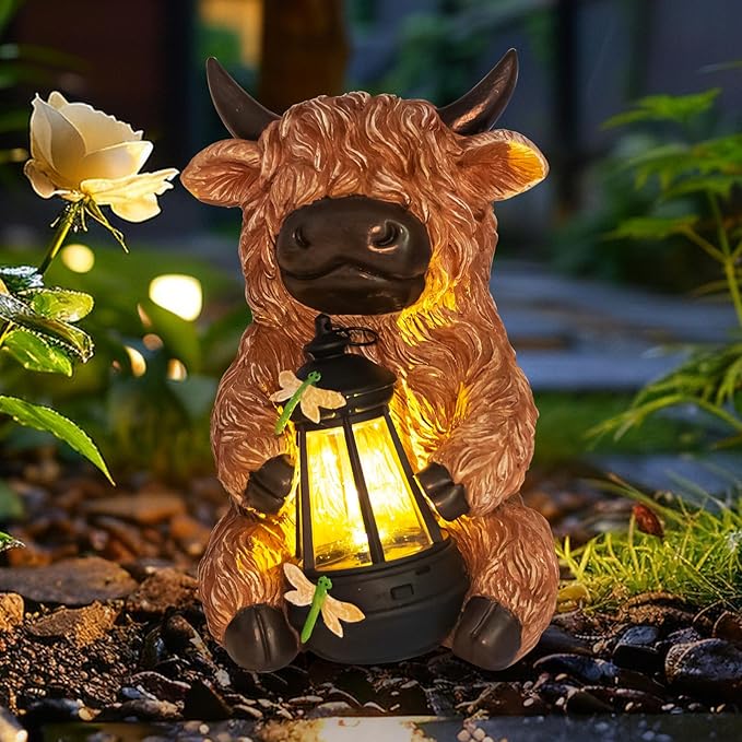 DKJOCKY for Women, Highland Cow with Lights Outdoor Decorations for Yard, Solar Cow Statues Lights Garden Gifts Birthday Gifts for Women Unique, Presents for Mom