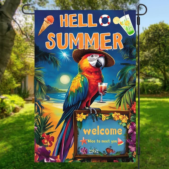 Hello Summer Garden Flag 12x18 inch Double Sided Tropical Parrot Flags Beach Welcome Themed Banner Colorful Summer Outdoor Decor for Yard Patio Garden Holiday Decoration