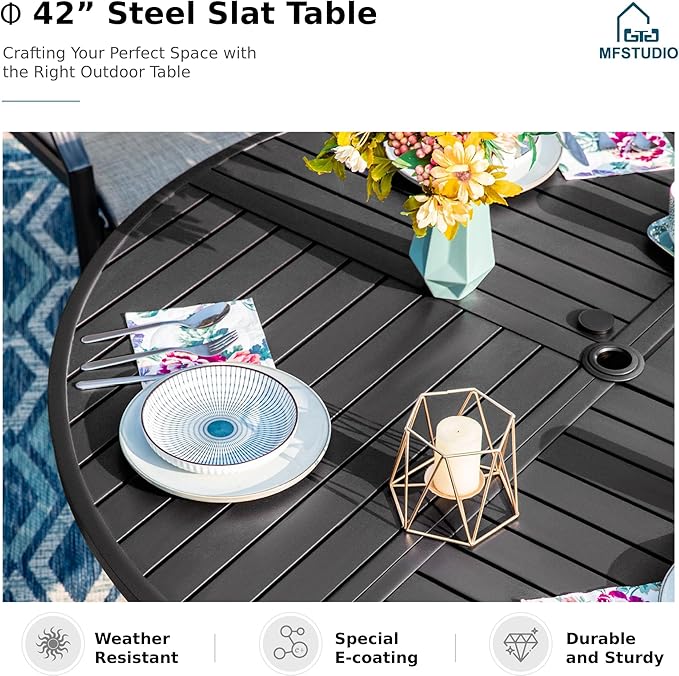 MFSTUDIO Round Patio Table and Chairs Set, Black Metal Outdoor Dining Set for 4 with Umbrella Hole, 5 Piece Wrought Iron Patio Furniture Dining Set for Deck Backyard Garden