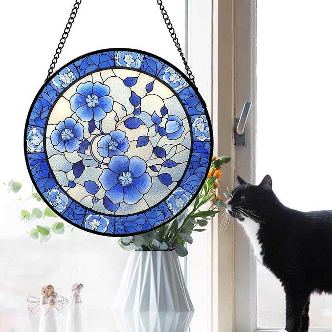 AMDERVEN Stained Glass Window Hanging, Blue and White Plum Blossom Sun Catcher for Door Home Decor Flowers Suncatcher Christmas Mother's Day Birthday Gifts for Women Men Mom and Nana 15 in