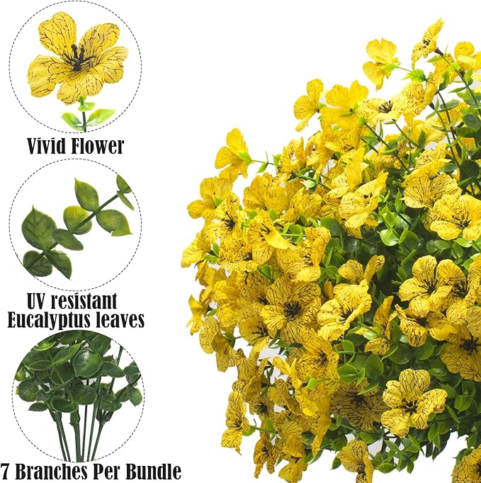 Grunyia Artificial Fake Flowers for Outdoor Spring Decoration, 16 Bundles Faux Silk Colorful Daisy UV Resistant Realistic for Outside Porch Patio Home Yard Garden Planters Pots Window Box (Yellow)