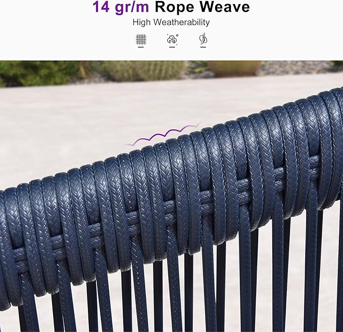 PURPLE LEAF 2 Pieces Outdoor Dining Chairs All-Weather Rattan for Lawn Garden Backyard Deck Patio Dining Chairs with Cushions, Navy Blue and Gray