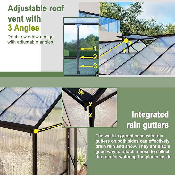 8X12 FT Polycarbonate Greenhouse, 6 FT Height Aluminum Large Green Houses for Outside Heavy Duty, Quick Setup Walk in Greenhouses with 2 Roof Vent and Rain Gutter for Outdoor, Black (143"Wx96"Dx77"H)
