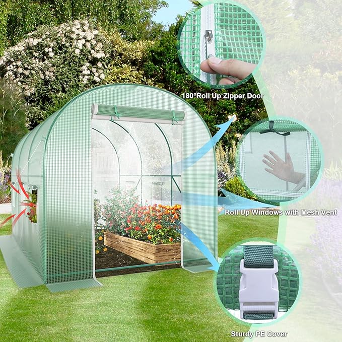 12x7x7 Walk-in Greenhouse with Watering System, Heavy Duty Green House for Outdoors, Portable Green Houses for Outside, Winter Hot House with Metal Frame & Roll-up Zipper Door Screen Windows