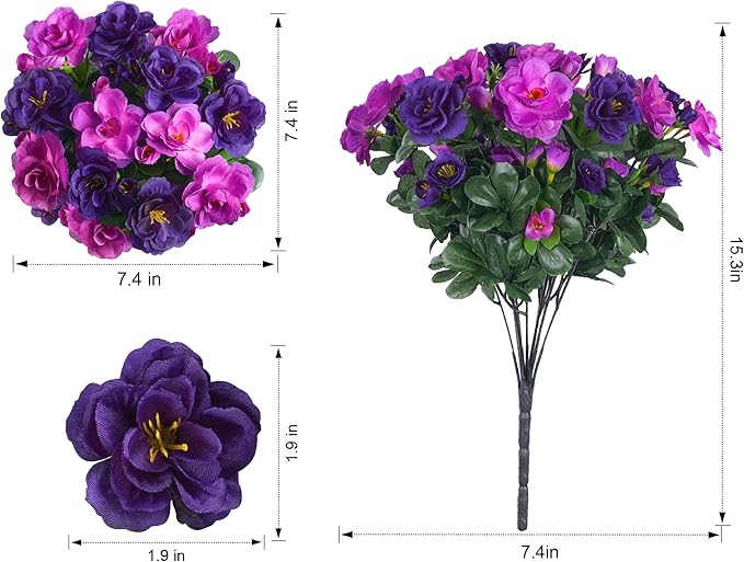 Artificial Fake Outdoor Flowers Plants, Faux Silk Camellia Bundles UV Resistant No Fade Realistic for Planter Pot Outside Porch Patio Balcony Garden Yard Home Decor, 3 Large Bundles (Purple+Fuchsia)