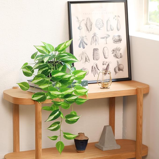 LuckyGreenery Artificial Devil's Ivy Golden Pothos Fake Plant,Hanging Potted Plants for Wall Home Patio Indoor Outdoor Decor(H 26in)