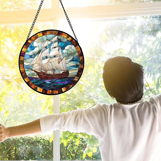 DASTOLL Stained Glass Window Hanging, Sailing Ocean Sun Catchers Glass Panel Navigation Suncatcher Decor for Birthday for Women, Men, Wife, Aunt, and Mom 9.8 in
