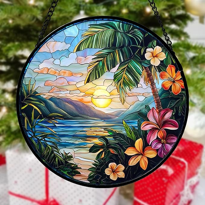 DASTOLL Stained Glass Window Hanging, Colorful Landscape Suncatcher for Doors Home Sun Catchers Decoration and Christmas, Mother's Day Birthday Gifts for Women, Men, and Mom 14.9x14.9 in