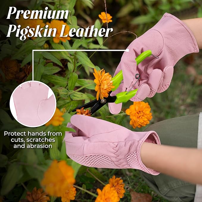 HANDLANDY Work Gloves for Women, Breathable Leather Gardening Glove for Yard Maintenance, Hand Protection with Touch Screen for Gardeners, Farmers