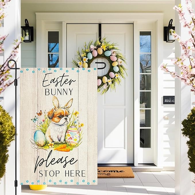 Easter Dog Garden Flag Bunny Please Stop Here Double Sided 12×18 Inch,Puppy With Rabbit Ear Eggs Vertical Small Burlap Spring Holiday Yard Lawn Front Porch Outdoor Decorations