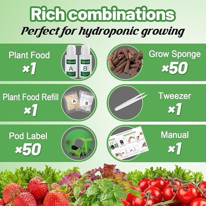 Bigmeta Hydroponic Pods Compatible with Aerogarden - Seed Sforprout Pods Kit with Plant Food, 50pcs Grow Sponges, Pod Labels, for Most Indoor Hydroponics Growing Plants System