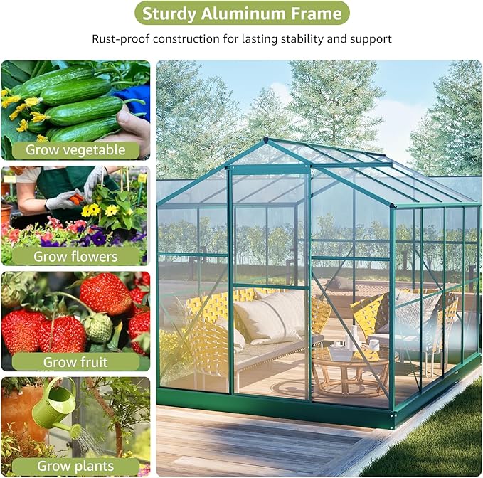 6x8 Ft Greenhouses for Outdoors, UV-Coated Polycarbonate Panels and Aluminium Green Houses for Outside, Outdoor Greenhouse with Roof Vent, Invernaderos para Plantas Exterior, Walk-in Greenhouse Kit