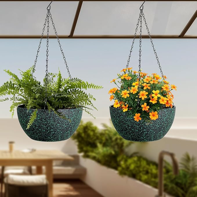 Meowell 10 inch Hanging Planters for Indoor Outdoor Plants, 2 Pack Hanging Flower Pots with Drainage Holes and Chain for Garden, Plastic Hanging Baskets for House Plants, Black with Green Speckles