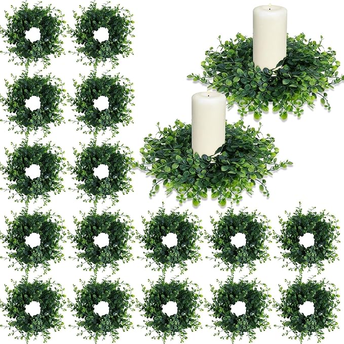 18 Pcs Mini Green Boxwood Candle Rings Wreaths Spring Summer Kitchen Cabinet Swags Wreath 3 Inch Wedding Rings Wreaths Pillar Candle Holder for Wedding Home Door Tabletop Decor