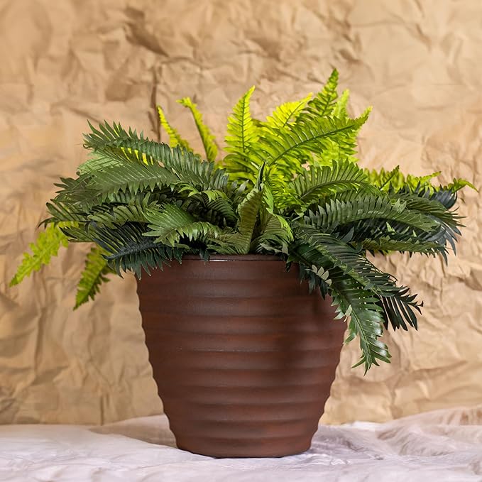 Sunnydaze Ribbed 13" Outdoor Plant Pot - Polyresin Double-Walled Planter for Indoor or Outdoor Use - Rust - Set of 2